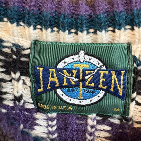 Vintage Jantzen Sweater Mens Medium Cream Purple Blue Brown Chevron Knit USA 90s - Picture 2 of 10